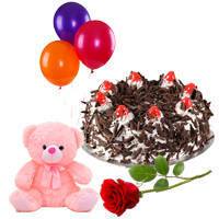 Order Black Forest Cake with Red Rose, Teddy N Balloons