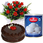12 Red Roses and Rasgulla with Eggless Cake 1 Kg.