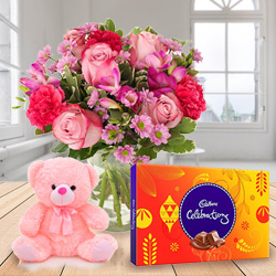 Deliver Mixed Flowers with Cadbury Celebrations and Teddy