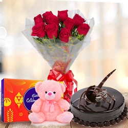 Sending Chocolate Cake with Teddy, Red Roses Bouquet N Cadbury Celebrations