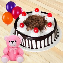 Online Red Rose with Black Forest Cake, Teddy N Balloons