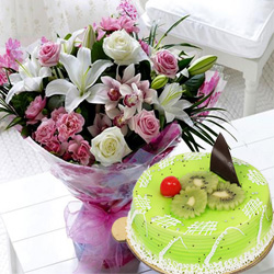 Sending Mixed Flowers Bouquet with Kiwi Cake