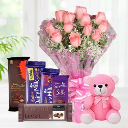 Buy Teddy with Pink Roses Bouquet N Mixed Cadbury Chocolates