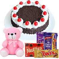 Book Black Forest Cake with Assorted Cadbury Chocolates N Teddy Online