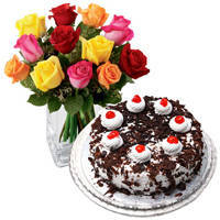 Exclusive multicolor Roses with yummy Black Forest Cake from 5 Star or TAJ
