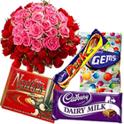 50 Pink and Red Roses with Assorted Cadburys Chocolate