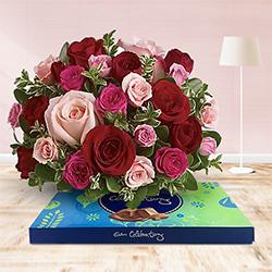 Visually 50 Pink and Red Roses Assortment with Cadburys Chocs Pleasure