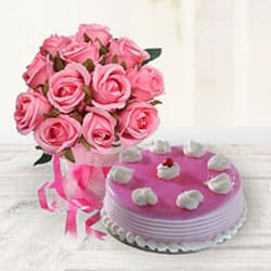 Order Strawberry Cake with Pink Roses Bouquet