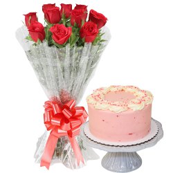 Buy Birthday Strawberry Cake with Rose Bouquet