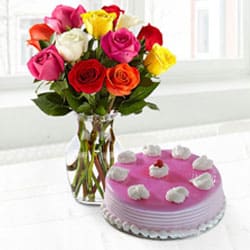 Buy Strawberry Cake with Assorted Roses in a Vase for Mom