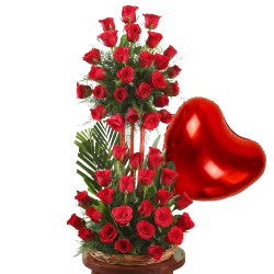 Pretty Red Balloon in the Shape of a Heart and a Bouquet of 36 Red Roses