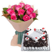 Delicious Black Forest Cake and Bouquet of Pink Roses