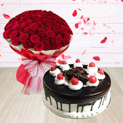Fresh Black Forest Cake and Bouquet of Red Roses