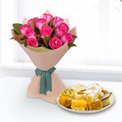 Mixed Sweets Box and Pink Roses Bouquet