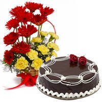 Pretty Carnations and Gerberas and Dark Chocolate Cake