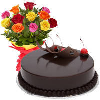 Fashionable Feel of Love 12 Mixed Roses Bunch and Chocolate Cake