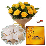 12 Yellow Roses with Cadbury Celebration and Kaju Katli