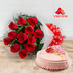 Exclusive Dutch Red Roses Bouquet with Heart Shaped Cake