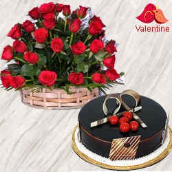 50 Dutch Red Roses Basket with Chocolate Cake.
