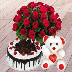 25 Red Roses with 1 Lbs. Black Forest Cake and a Teddey Bear