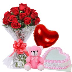 12 Exclusive Dutch Red Roses Bunch with Cute Teddy Bear, Love Cake 1 Lb and Heart Shaped Balloons