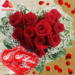 Dutch Red Roses in Heart Shape Arrangement with 2 Heart Shape Balloons