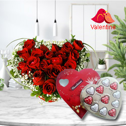 12 Dutch Red Roses in Heart Shape Arrangement and Heart Shaped Delicious Chocolate Box