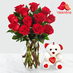 12 Dutch Red Roses in Vase with a Cute Teddy Bear