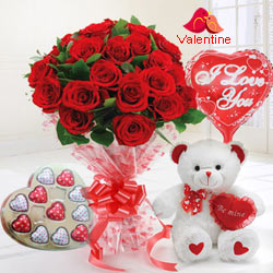 24 Exclusive Red Dutch Roses Bouquet and Heart Shape Chocolate Box, Heart Shape Balloon and Small Teddy Bear