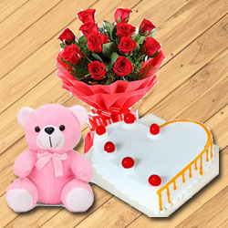 Dozen Red Roses with Teddy Bear n Cake