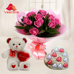 Soft Pink Roses with Heart Shape Chocolates n Teddy Bear