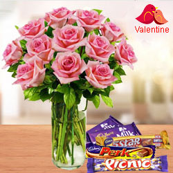 Pink Roses in Vase with Chocolates