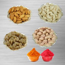 Mixed Dry Fruits with Silver Plated Bowls (Pistachio, Raisin, Cashew, Almond) with free Gulal/Abir Pouch