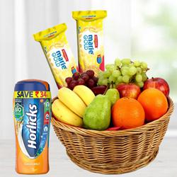 Nutritious fresh Fruit Basket together with Horlicks and Biscuits