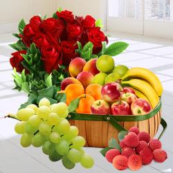 Fresh Fruit Gift Basket with Red Rose Bouquet