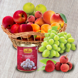 Bountiful Seasonal Fresh Fruits with Haldiram Rasgulla Bassinet