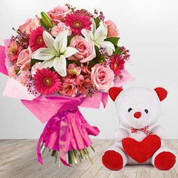 Multicolored Flowers And Teddy Love