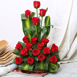 Vibrant 15 Red Roses in a Basket with Romantic Thrill
