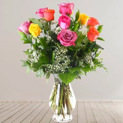 Delightful Assemble of Mixed Roses in a Glass Vase