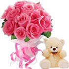 Precious Bunch of Twelve Pink Roses and Cute Teddy Bear
