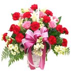 Romantic Pink Roses and Red Carnations in a Basket<br>