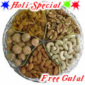 Nice Wrapped Gift Box containing Mixed Dry Fruits i.e. Raisin, Pistas, Cashews, Almonds, Wallnuts with free Gulal/Abir Pouch.