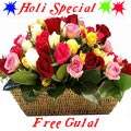 Mixed Roses nicely arranged in a Basket. with Greens and Fillers to show your Love in all Occasion with free Gulal/Abir Pouch.