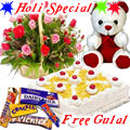 Nicely Gift Wrapped Mixed Roses Basket with Teddy Chocolate and Pineapple Cake 1 lb from Best Local Bakery with free Gulal/Abir Pouch.