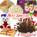 Nicely Gift Wrapped 50 Red Roses Basket Mixed Dry fruits 500 gms. Haldiram's Soan Papdi 500 gms. a small Teddy Bear and Toblerone bar 4 Pcs with free Gulal/Abir Pouch.