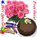 Nicely Gift Wrapped 12 Red Roses Bouquet with Fresh Baked Chocolate Cake 1 Lb From Best Local Bakery and Assorted Chocolates with free Gulal/Abir Pouch.