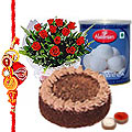 Delightful pack containing Red Roses, Rasgulla and Cake with Free Rakhi, Roli tika and Chawal