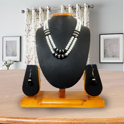 Designer Double Row Pearl Jewelry with American Diamonds and Black Stones Necklace Set with Matching Earrings