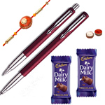 Pen set from Parker with Rakhi with Chocolate and Roli Tilak Chawal