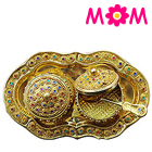 Designer Colorful Stone engraved 2pcs Golden Supari Dabbi and Tray Set